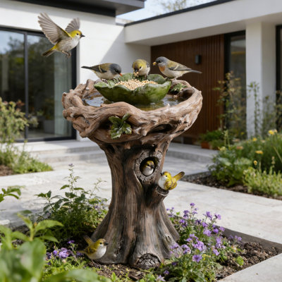 29.5-inch Tall Outdoor Birdbath With Removable Feeder, Featuring A Tree Trunk-shaped Resin Design. Ideal For Gardens, Patios, Lawns, And Courtyards.