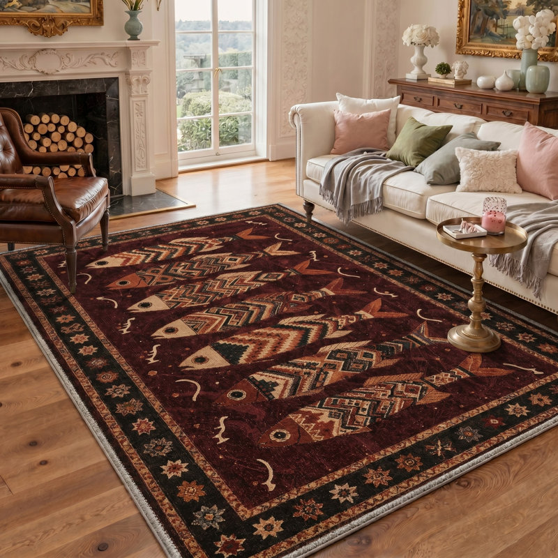Tapis oriental rouge / brun clair lavable poisson avec envers antidérapant, Rectangle 5' x 7'