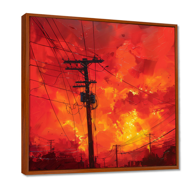 Red Yellow Voltage Vibes Power Lines II - Power Lines, impression d'art mural, H 36 po x l 36 po, Cadre flottant brun