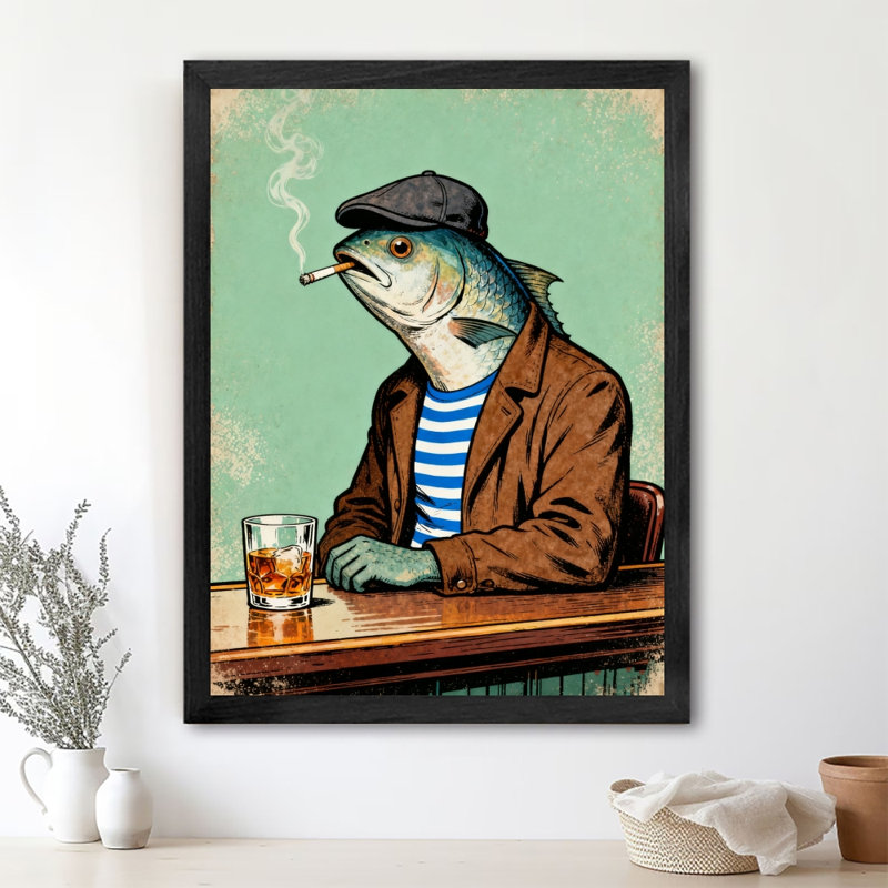 «Black», encadré noir, heureux, drôle, tête de poisson qui fume, art rétro, impressions encadrées, H 17 po x l 13 po