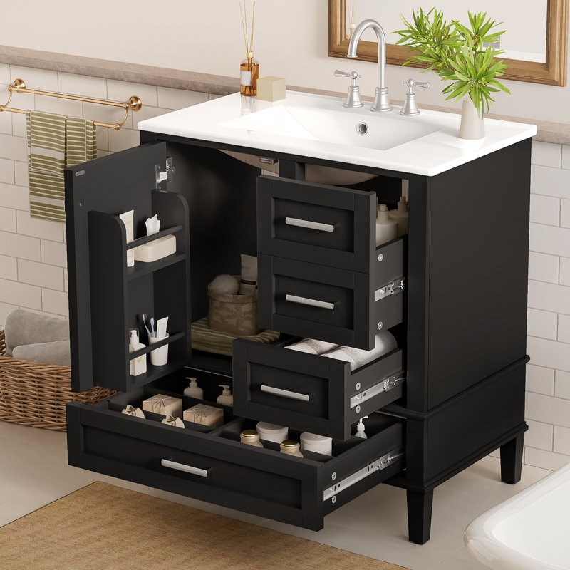 Meuble-lavabo moderne 30 po avec lavabo en céramique, armoire en bois massif avec 3 tiroirs à fermeture en douceur et porte de rangement, noir