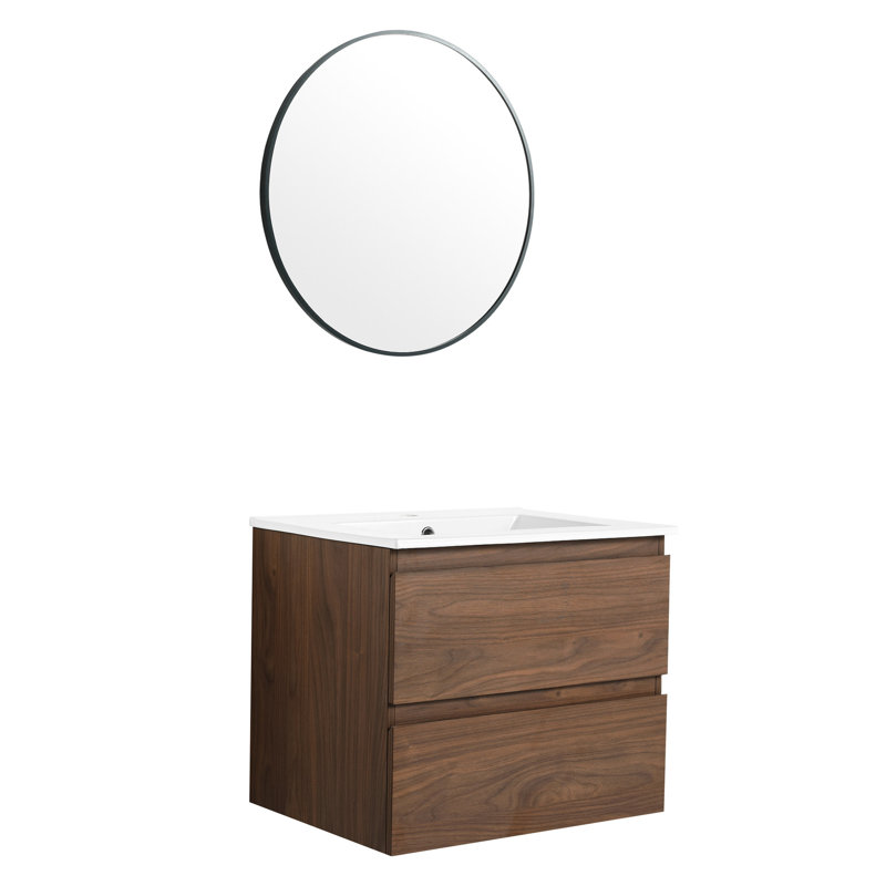 Armoire de salle de bain 24 po avec lavabo en céramique. Fixation murale, 2 tiroirs à fermeture en douceur.