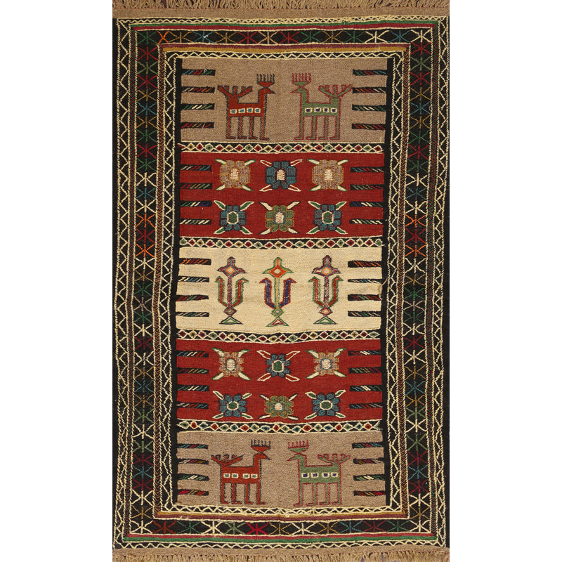 Tapis de la zone en laine rouge/beige/noir 3 pi 8 po x 5 pi 9 po one-of-kind main-noué la