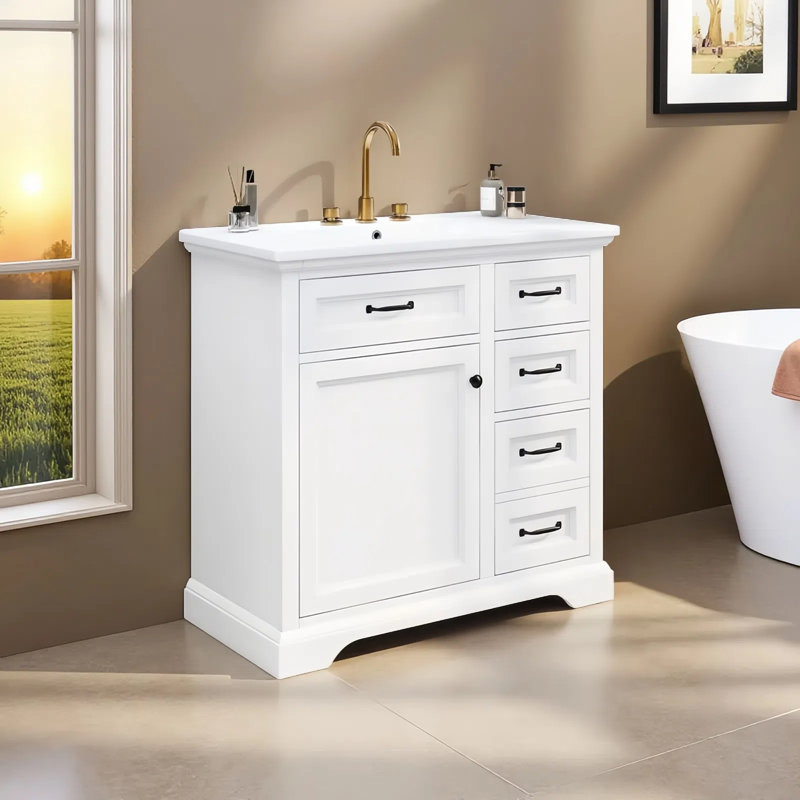 36" Bathroom Vanity With Sink,2 Drawers With Slide Rails,2 Tip-Out Drawers And 1 Door, White
