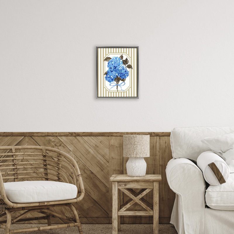 Cadre flottant bleu Hydrangea Blossom Bow, design par Adonna Ebrahimi, Cadre flottant gris lustré, H 21 po x l 17 po