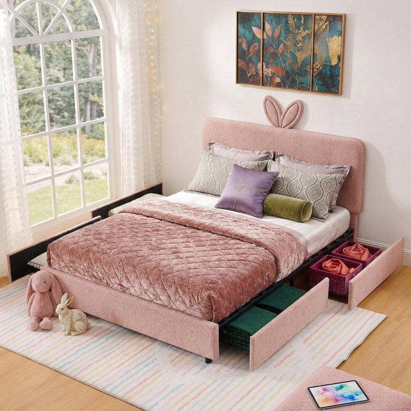 Grand lit tapissier de 84,5 po avec tête de lit pour oreilles de lapin et lumière DEL - 4 tiroirs de rangement - Lit plateforme pour enfants en tissu rose Boucle