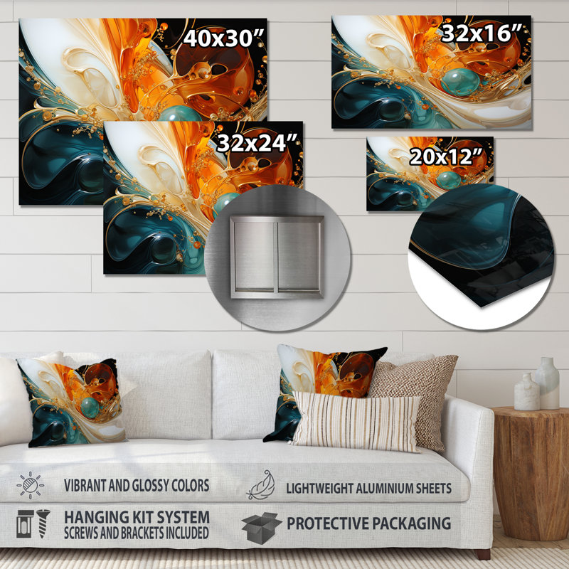 Orange et émeraude marbre lave I - art mural abstrait en métal MT137166, H 12 po x l 20 po x P 1 po