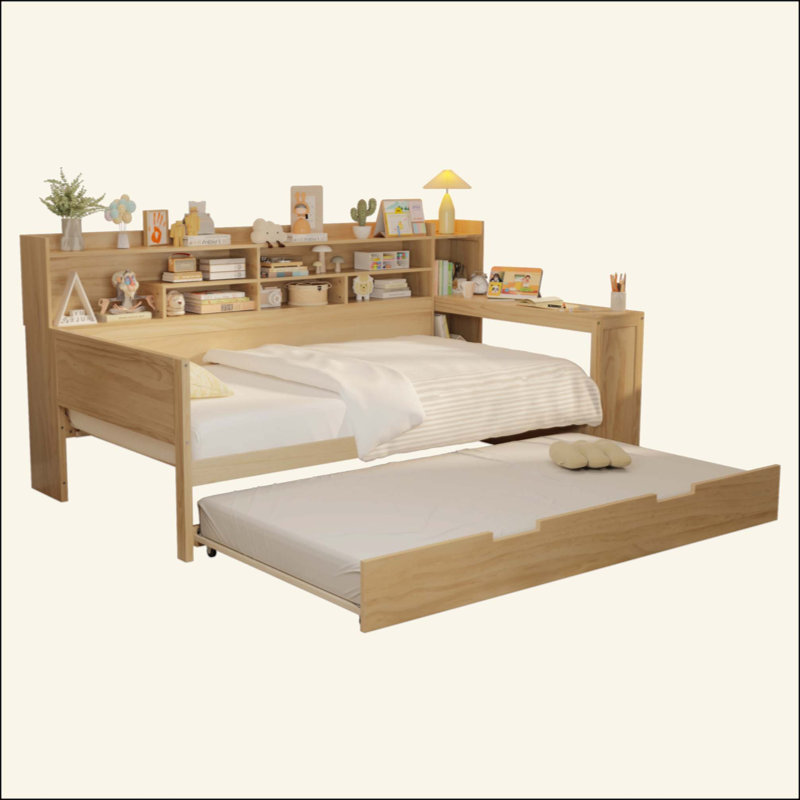 Lit de jour en bois avec tablettes de rangement, lit multifonctionnel avec lit gigogne simple et bureau d'étude
