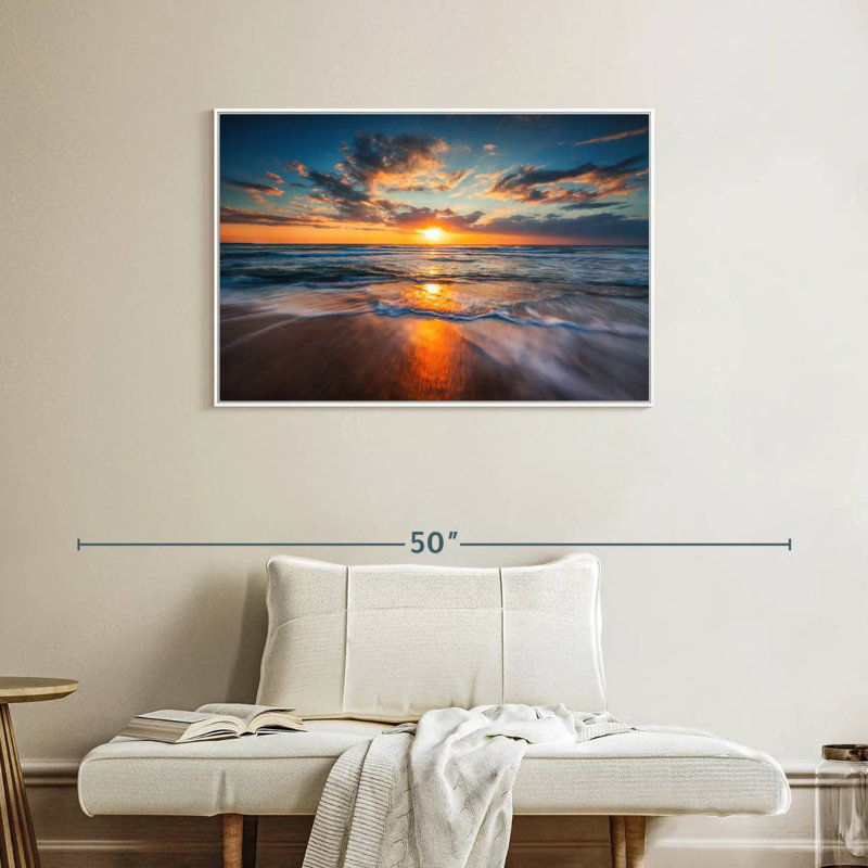 Été, océan, lever de soleil, Cadre flottant blanc, 37 po x 25 po