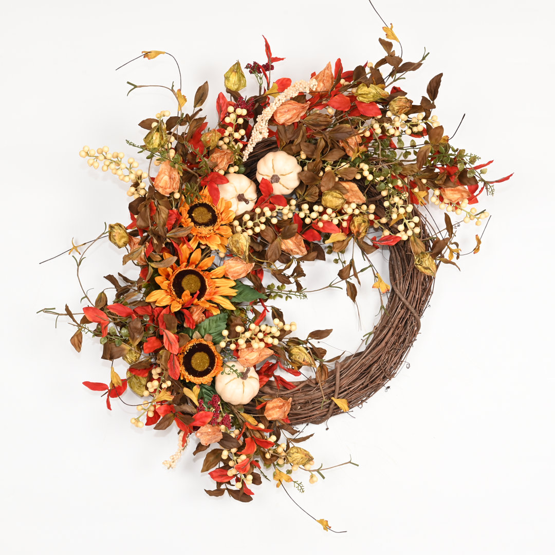 Gwytha Thanksgiving Day Pumpkin Sunflower 26" Fall Wreath The Holiday Aisle® Wreath 