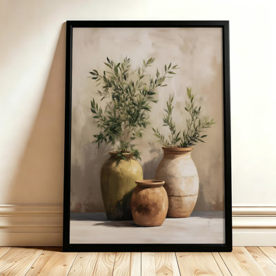 Framed Canvas Wall Art Three Ceramic Vases with Green Plants Botanical Impressionist Oil Painting Style Modern Artwork 24x36 Inch Black Floater Frame for Living Room Bedroom Office Decor