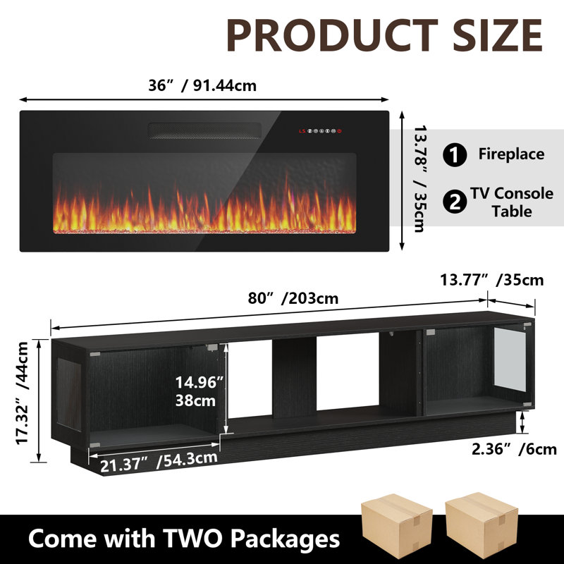 80" Tv Stand With 36" Inch Electric Fireplace Up To 90" Tvs, Led Light Entertainment Center With Two Large-capacity Glass Cabinets