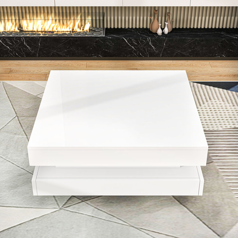 Table basse moderne avec finition ultrabrillante, lumière DEL, rangement et design géométrique, Blanc