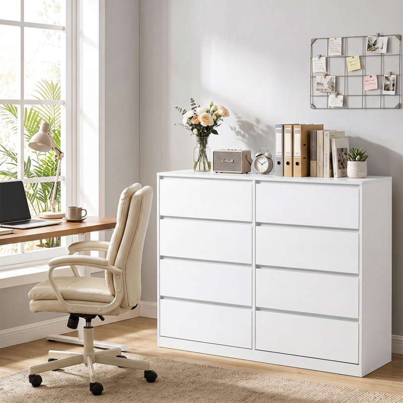 Commode 8 tiroirs 47,24 pouces sans poignée, Blanc