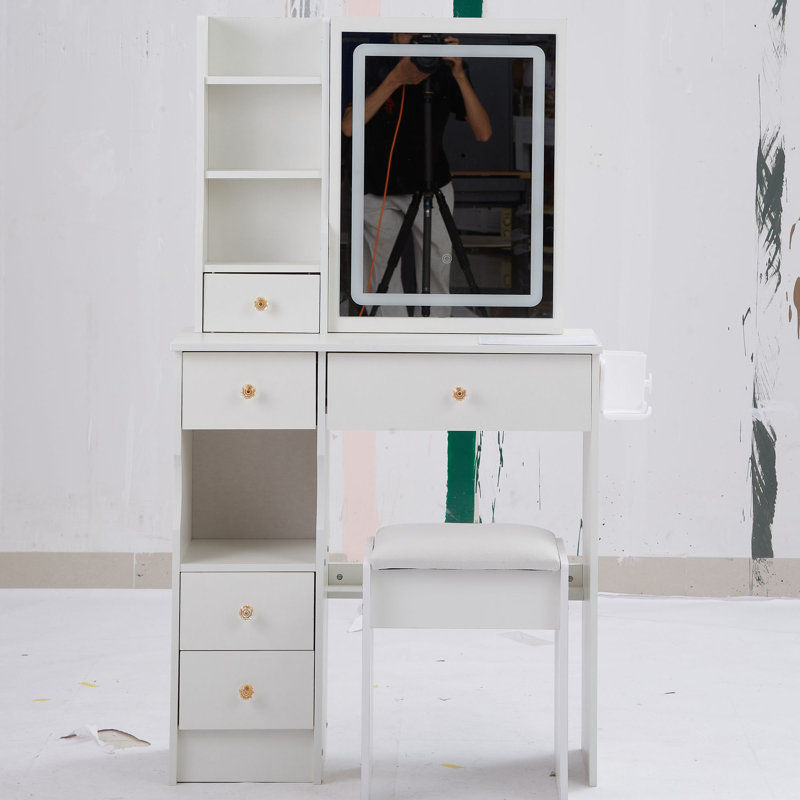 Petit meuble-lavabo de 29,2 po avec tiroir à gauche + tabouret rembourré, 2 blocs d'alimentation CA + 2 ports USB, support pour séchoir à cheveux, très grand miroir à DEL coulissant à contrôle tactile, changement de luminosité tricolore, réglage de la luminosité