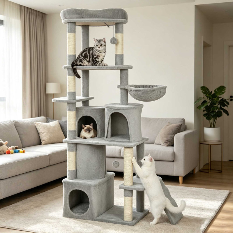 170?cm Large Multi-Level Cat Tree with 7 Scratching Posts, Tunnel, 2 Condos, Hammock, Perch, Ramp & Pompoms, Light Grey