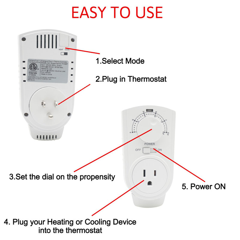 White Analog Plug-In Thermostat for Heating and Cooling