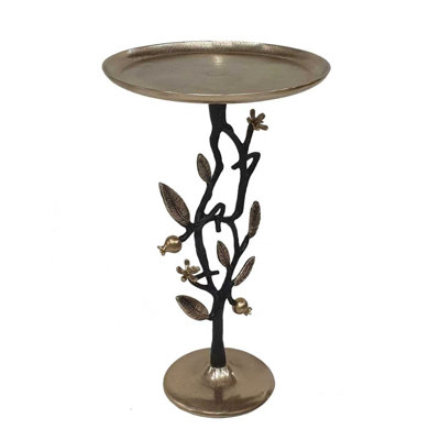 Table d'appoint en aluminium noir et or de 24 pouces de haut avec des accents de grenade, servant de table de bout, de piédestal ou de support à plante de 13,8 x 13,8 x 24 pouces avec un luxe délicat