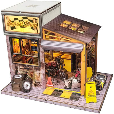 Motorcycle Repair Shop DIY Miniature Kit, Retro Garage with LED Lighting, Exquisite Tool & Bike Details, Wooden Puzzle Assembly, Creative Gift for Hobbyists