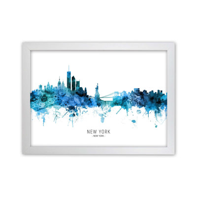 New York Skyline Blue City Name by Michael Tompsett - Print