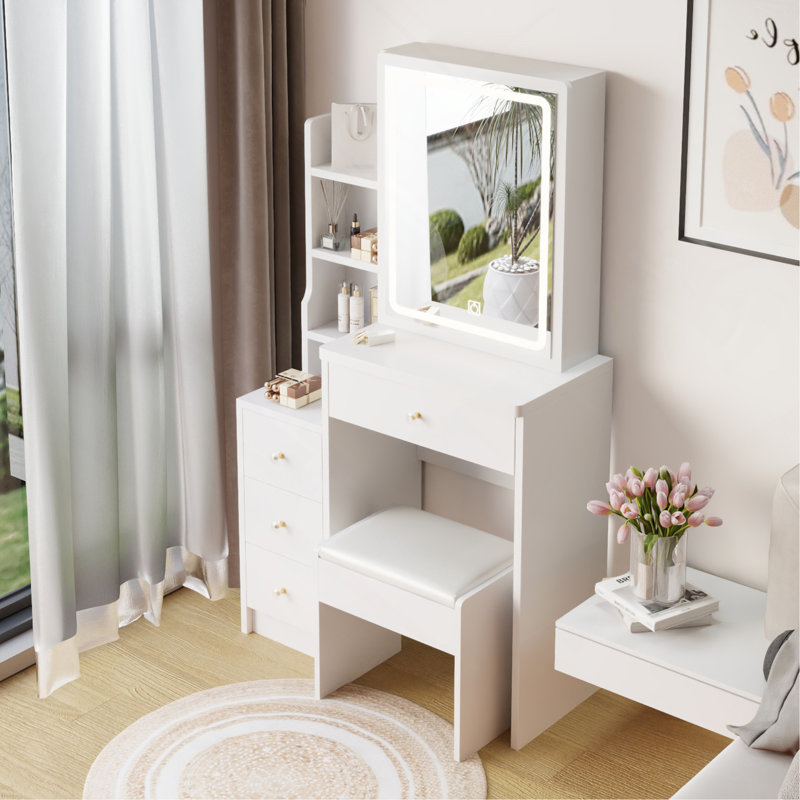 Compact And Versatile Vanity Table Set With Advanced LED Mirror And Spacious Storage, White