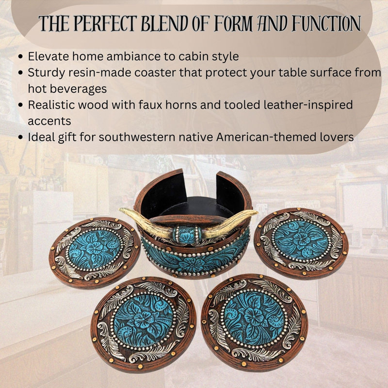 Resin Rustic Southwestern Coaster Set with Holder Faux Horn and Tooled Leather Design for Tabletop Protection