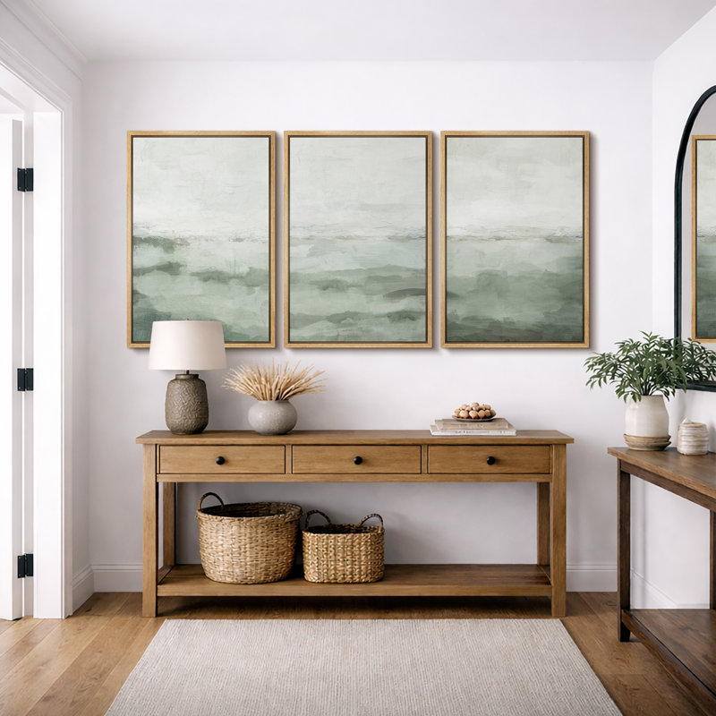 Minimal Landscape "Sage Green Modern Organic Artwork, Simple Abstract Bedroom Wall Pictures, Large Framed Canvas Giclee Print 3 Pieces Wall Art Set"   16x24x3 pcs, 24x36x3 pcs