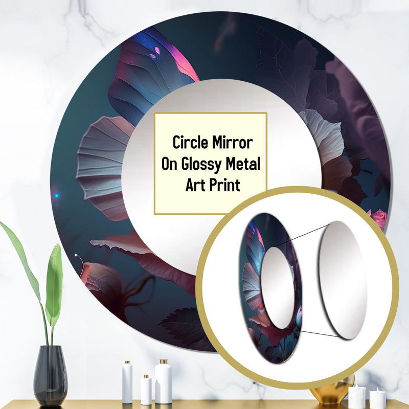 Animaux de compagnie crème avec fleurs, Butterflies I - miroir décoratif floral, miroir mural rond crème, impression sur métal