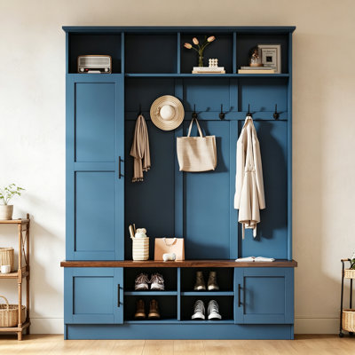 3-in-1 Farmhouse 6-Hook Hall Tree with Walnut Storage Bench and Adjustable Shelves, Blue