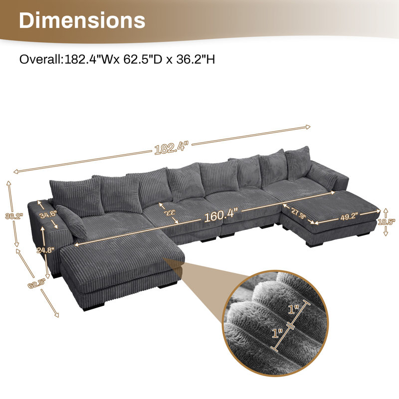 Canapé modulaire en velours côtelé à compression 182,4 po avec 2 repose-pieds 182,4 po, Gris