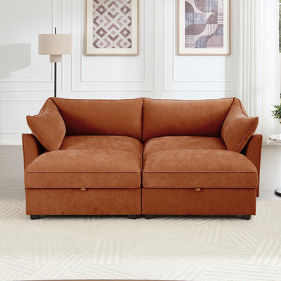 2 Seater Sofa With Footrest , 2-Seat Sofa With 2 Movable Ottoman,  Pull Out Storage Drawer Under Each Seat,Chenille Orange