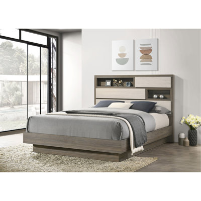 Edmondson Grey Oak Bookcase Headboard Queen Bed
