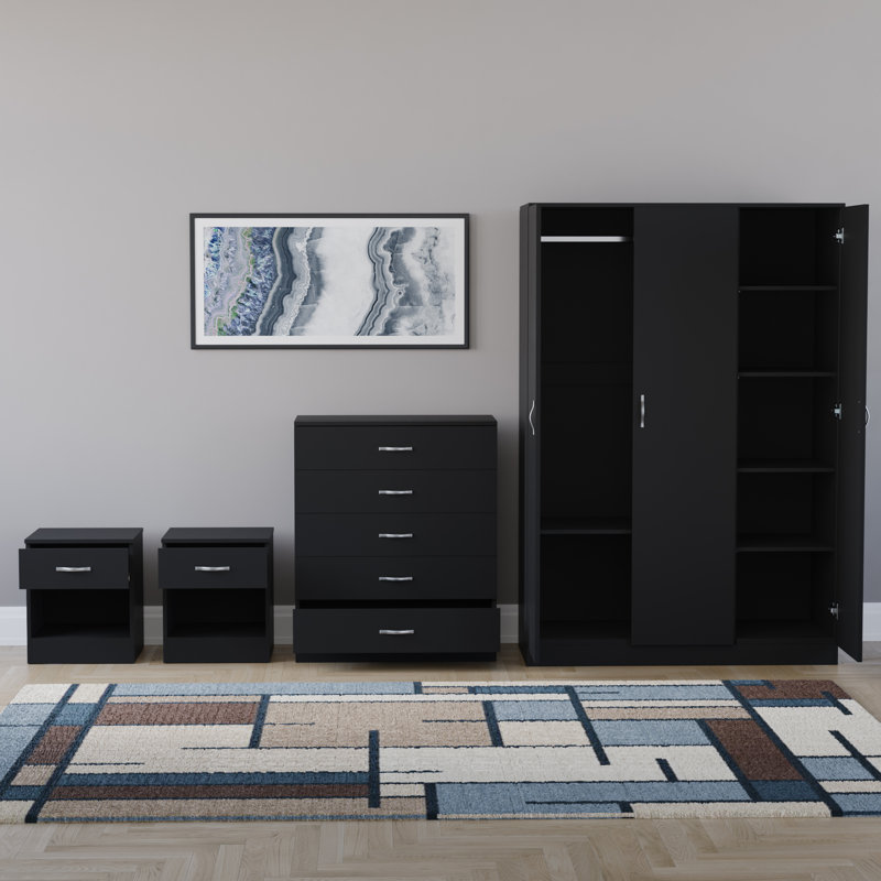 Tayce 4 Piece Bedroom Set (1 Drawer Bedside Chest X2, 5 Drawer Chest, 3 Door Wardrobe), Black