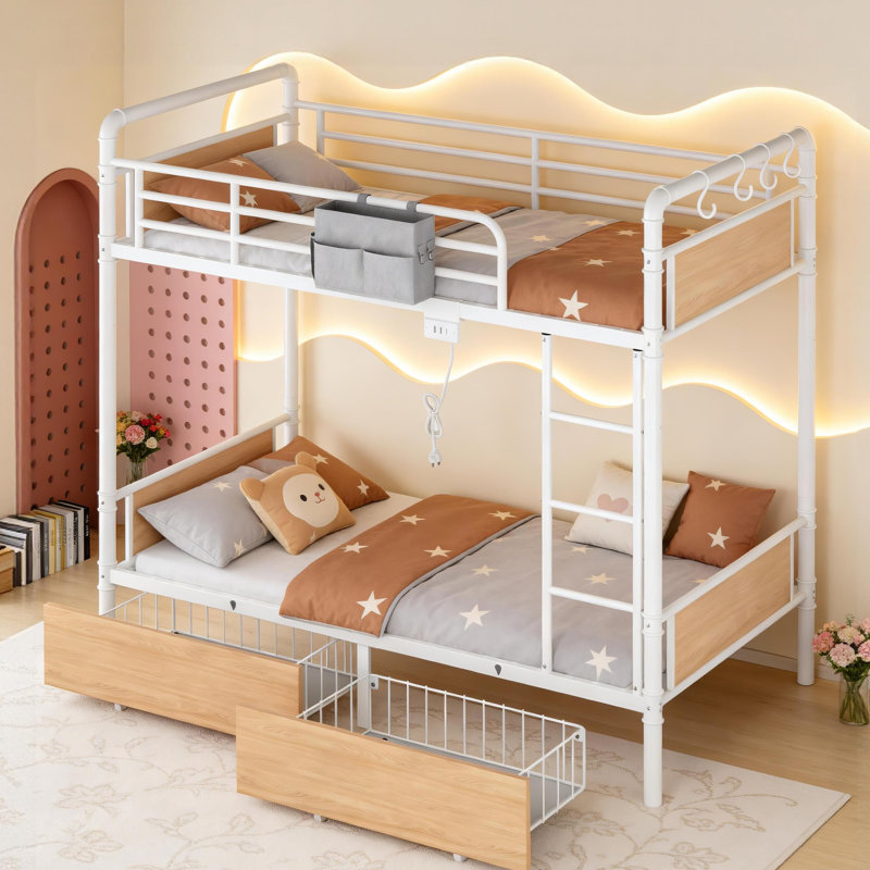 Metal Pipe Twin-Over-Twin Bunk Bed with LED Lights, Charging Station, 2 Lockable Drawers & Storage Bag, White
