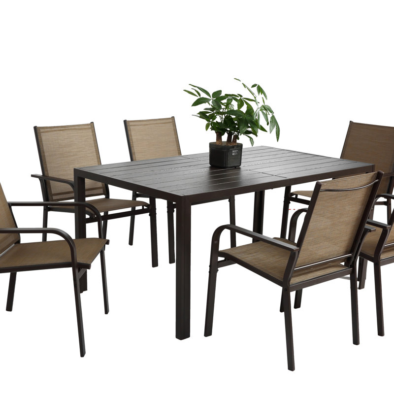 Ensemble repas d'extérieur 7 pièces avec table rectangulaire et 6 chaises empilables en textilène, parfait pour les réunions de famille et les conversations dans la cour