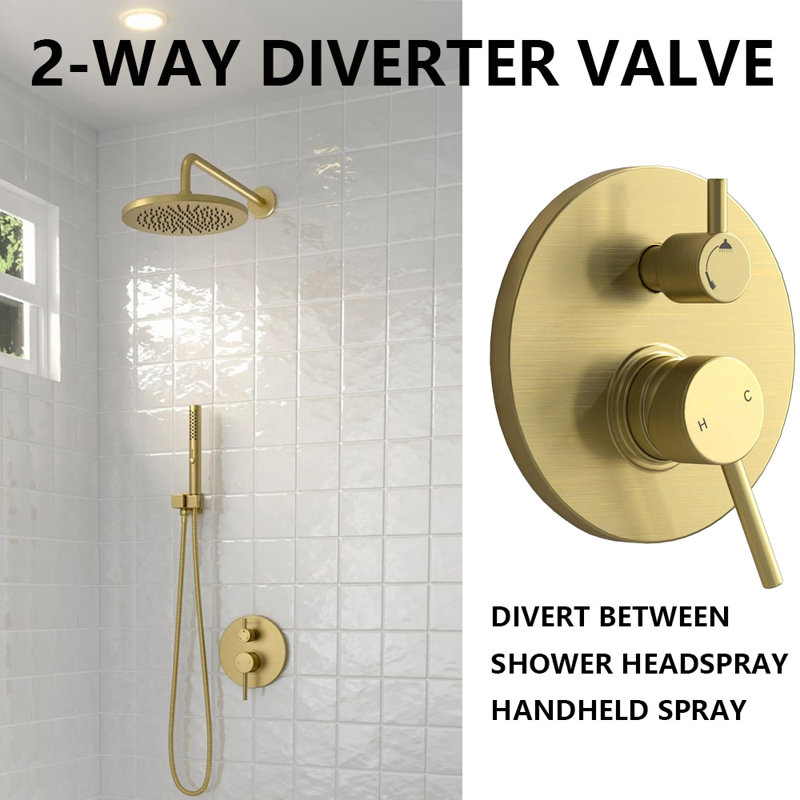 2-Setting Round Rain Shower System With Handheld, Rain Shower Head And Handle Set, Brushed Gold