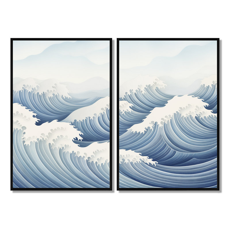 Harmonious Blue Waves Tides - Art mural moderne bleu, 36" H x 48" W, Black, Impression encadrée flottante