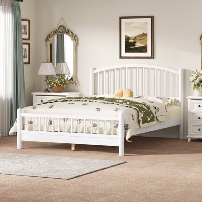 Queen Size Wood Platform Bed Frame with Arched Headboard, No Box Spring, Noise Free, Easy Assembly, White