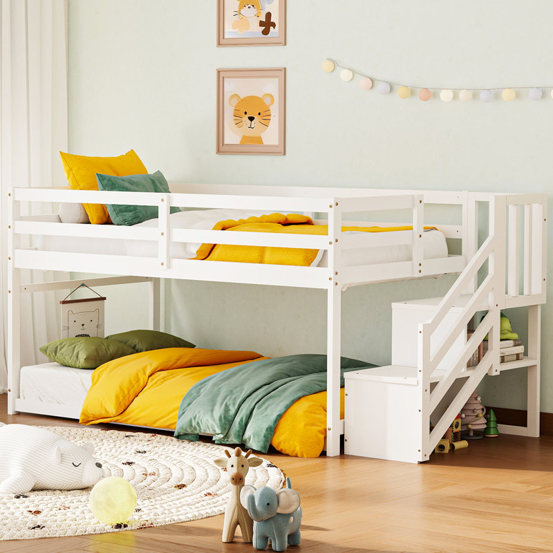 Low Bunk Bed Twin Over Twin, Floor Bunk Beds With Storage Staircase And Guardrails, White