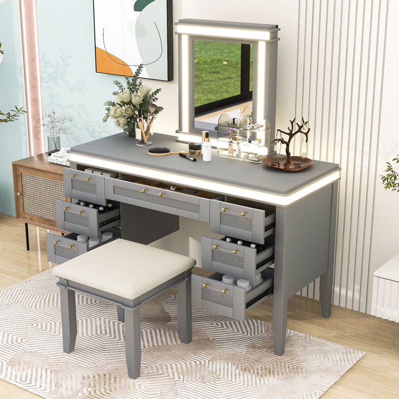 Vanity Desk with LED Mirror, 7 Drawers, Cushioned Stool, Classic Hollow Drawer Design, Gray Blue