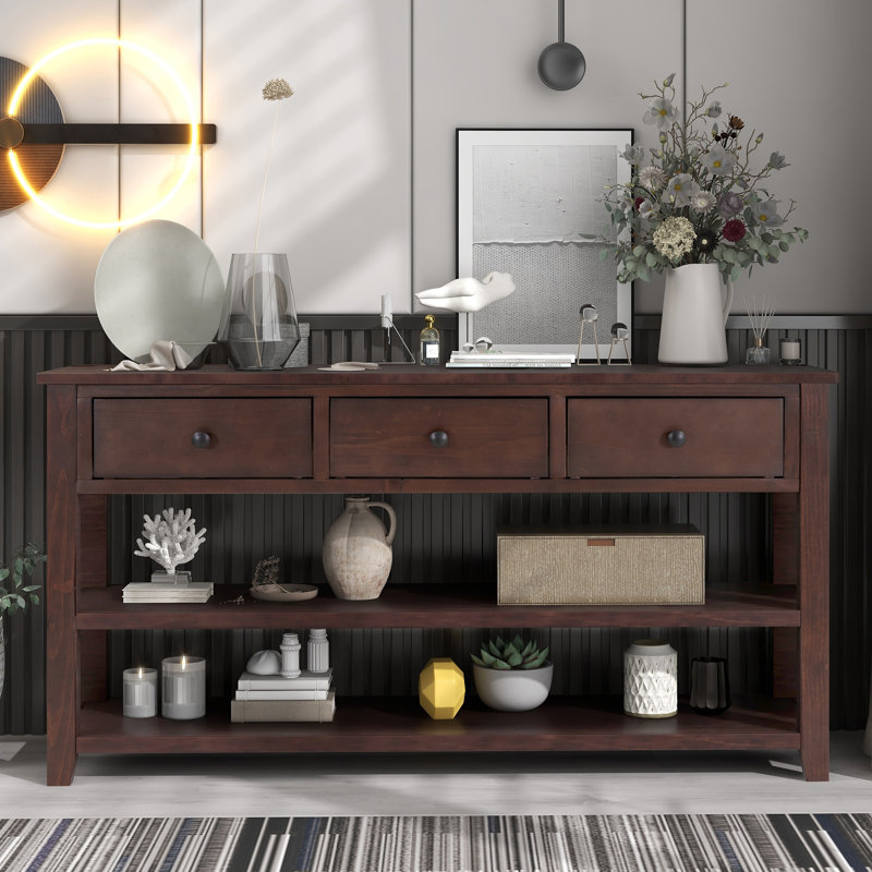 Cabras Console Table with Two Open Shelves, storage credenza, sideboards and buffets, Espresso Wood, 30.2" H x 50" W x 16" D