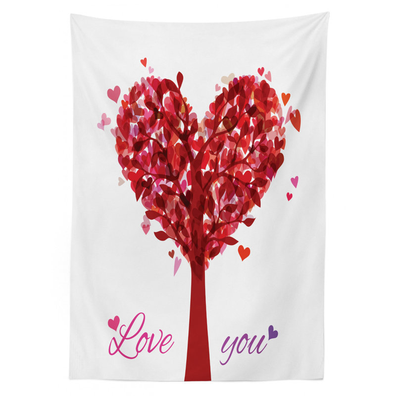 Ambesonne Love Tablecloth, Tree In The Shape Of Heart Holiday Romance Garden Vintage Style Design, Rectangular Table Cover For Dining Room Kitchen Decor, 52" X 70", Ruby Pink Purple