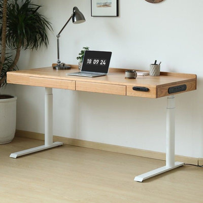 Cherry Wood Color + White Rectangular Hight adjustable Solid Wood + Steel with 2 drawers desk