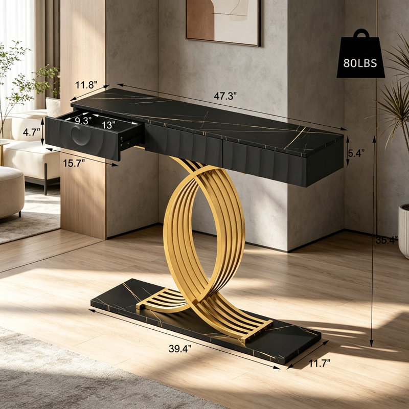 Console de table basse avec tiroirs, Black / Black+Gold, Black, Black+Gold