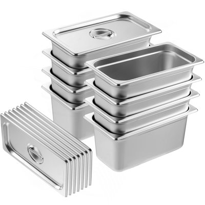 Paquet de 8 casseroles pour hôtel, poêle à vapeur anti-bourrage de taille 1/3 avec couvercle, poêle à vapeur en acier inoxydable de 0,8 mm d'épaisseur, plateau de table commercial profond de 6 pouces, plateau de rangement pour restauration, pour industriel et scientifique