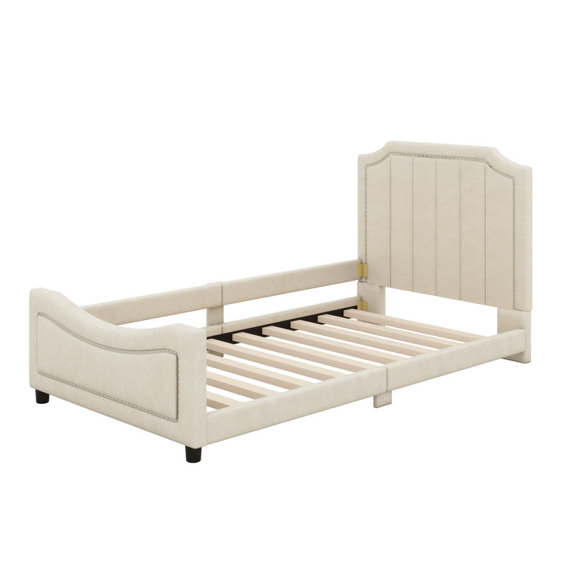 Upholstered Daybed With Classic Stripe Shaped Headboard, Beige