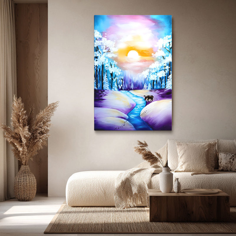 «Snowy Forest Moose Winter», art sur toile prêt à être accroché - salon confortable, H 12 po x l 8 po