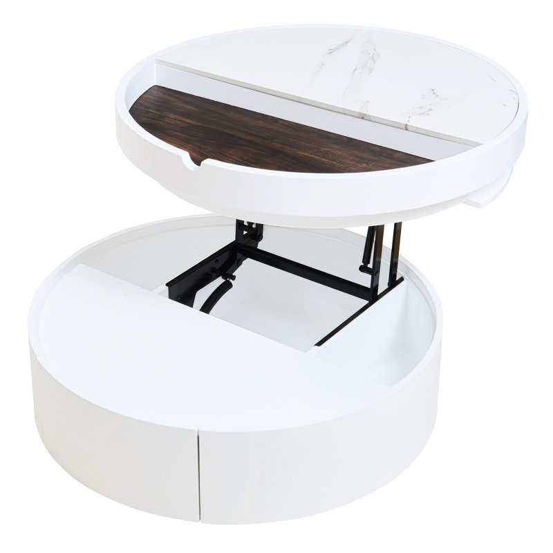 Table basse ronde de 29,5 pouces avec 1 tiroir, surface en marbre et grain de bois à deux tons, pour faciliter la lecture, espace de rangement dissimulé, plateau facile à nettoyer avec confort