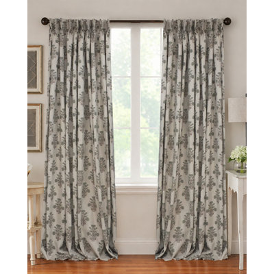 Handmade Grey Floral Block Print Curtain Panel Back Tab Pinch Pleated Window Curtain, 50W x 96L Inches- Swadesh