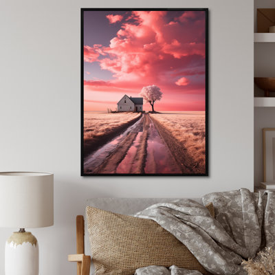 Monochrome Pink Farmhouse Solitude - Landscape & Nature Canvas Prints